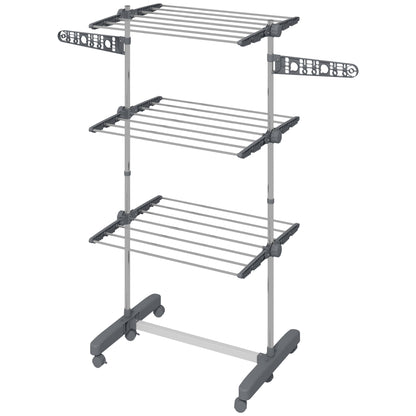 3-Tier Foldable Clothes Drying Rack, Stainless Steel Laundry Rack with 2 Side Wings and 6 Castors, Collapsible Adjustabl