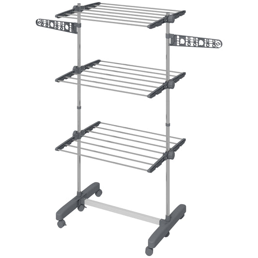 3-Tier Foldable Clothes Drying Rack, Stainless Steel Laundry Rack with 2 Side Wings and 6 Castors, Collapsible Adjustabl