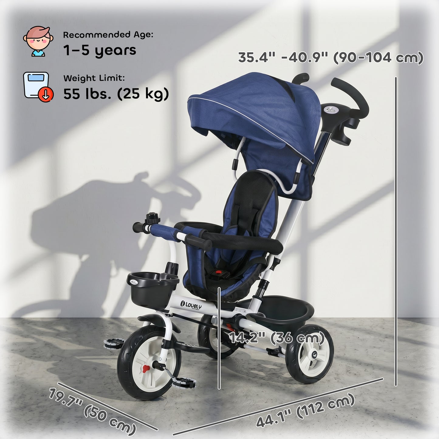 Qaba 6 in 1 Toddler Tricycle with Parent Push Handle, Canopy, Storage Baskets, Cupholder, Dark Blue
