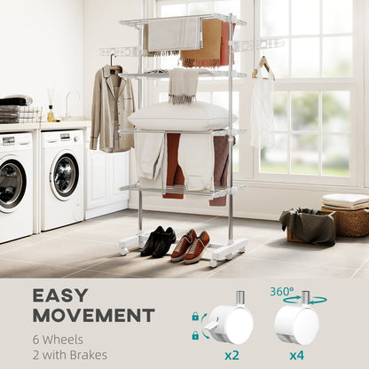 Garment Drying Rack Stainless Steel Folding Clothes Hanging Rack with Side Wings Castors for Indoor Outdoor White