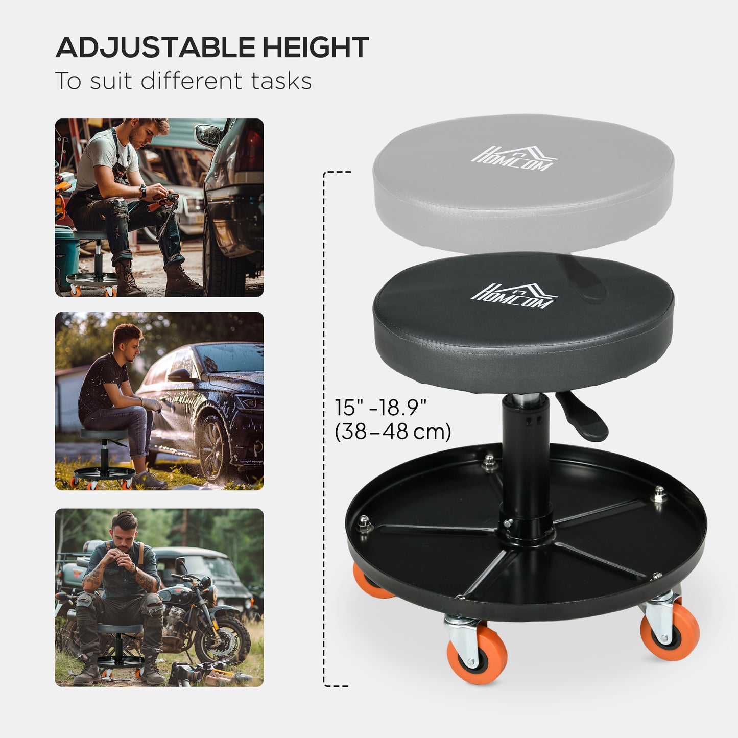 Shop Stool, Pneumatic Adjustable Mechanic Stool, with Tool Tray, Wheels - Black