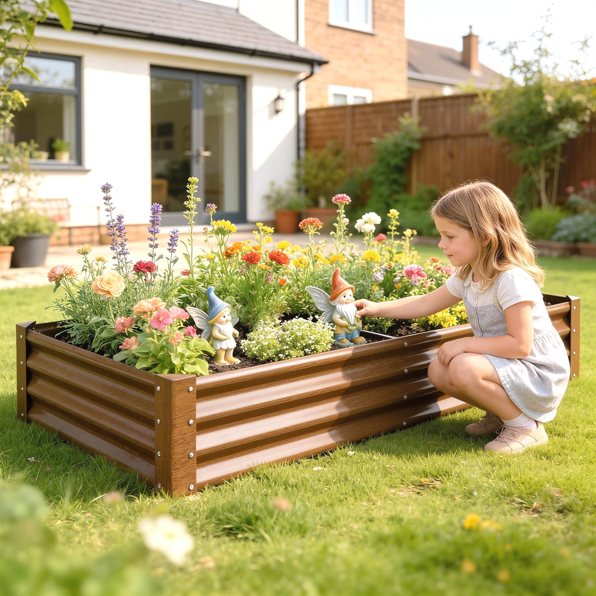 6 x 3 x 1ft Galvanized Raised Garden Bed, Reinforced Outdoor Planter Box with Open Bottom, Wood-Effect