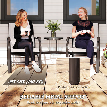 Double Patio Glider Chair with Glass Top Center Table, Outdoor Glider Loveseat with High Back,  All Weather Breathable M