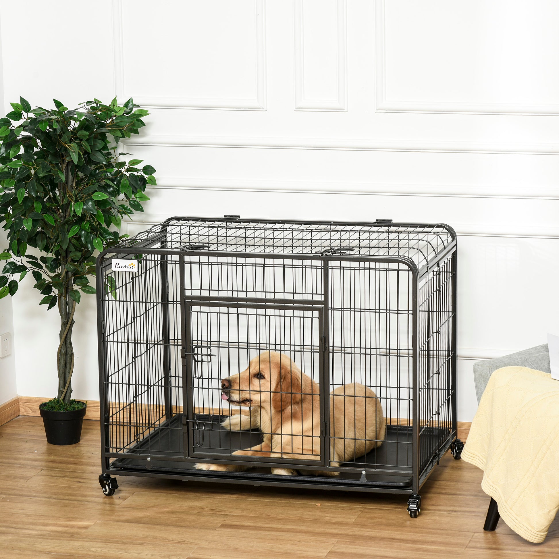 Folding Heavy Duty Dog Crate Heavy Duty Cage for Large Sized Dogs with Double Doors, Lockable Wheels Tray, 43" x 28" x 3