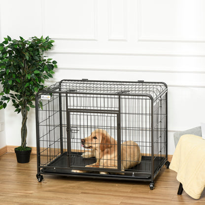 Folding Heavy Duty Dog Crate Heavy Duty Cage for Large Sized Dogs with Double Doors, Lockable Wheels Tray, 43" x 28" x 3
