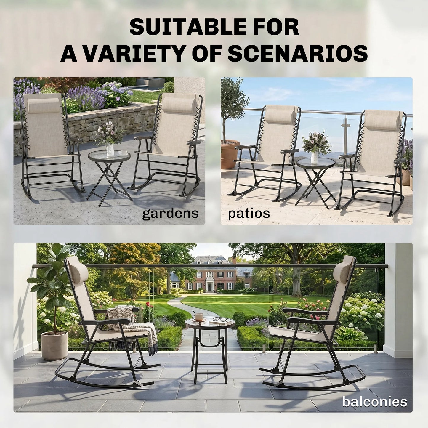 3pc Patio Rocking Chair Set, Folding Outdoor Rocking Chairs and Table Bistro Set w/ Breathable Mesh Seat & Backrest, Hea