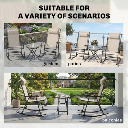 3pc Patio Rocking Chair Set, Folding Outdoor Rocking Chairs and Table Bistro Set w/ Breathable Mesh Seat & Backrest, Hea