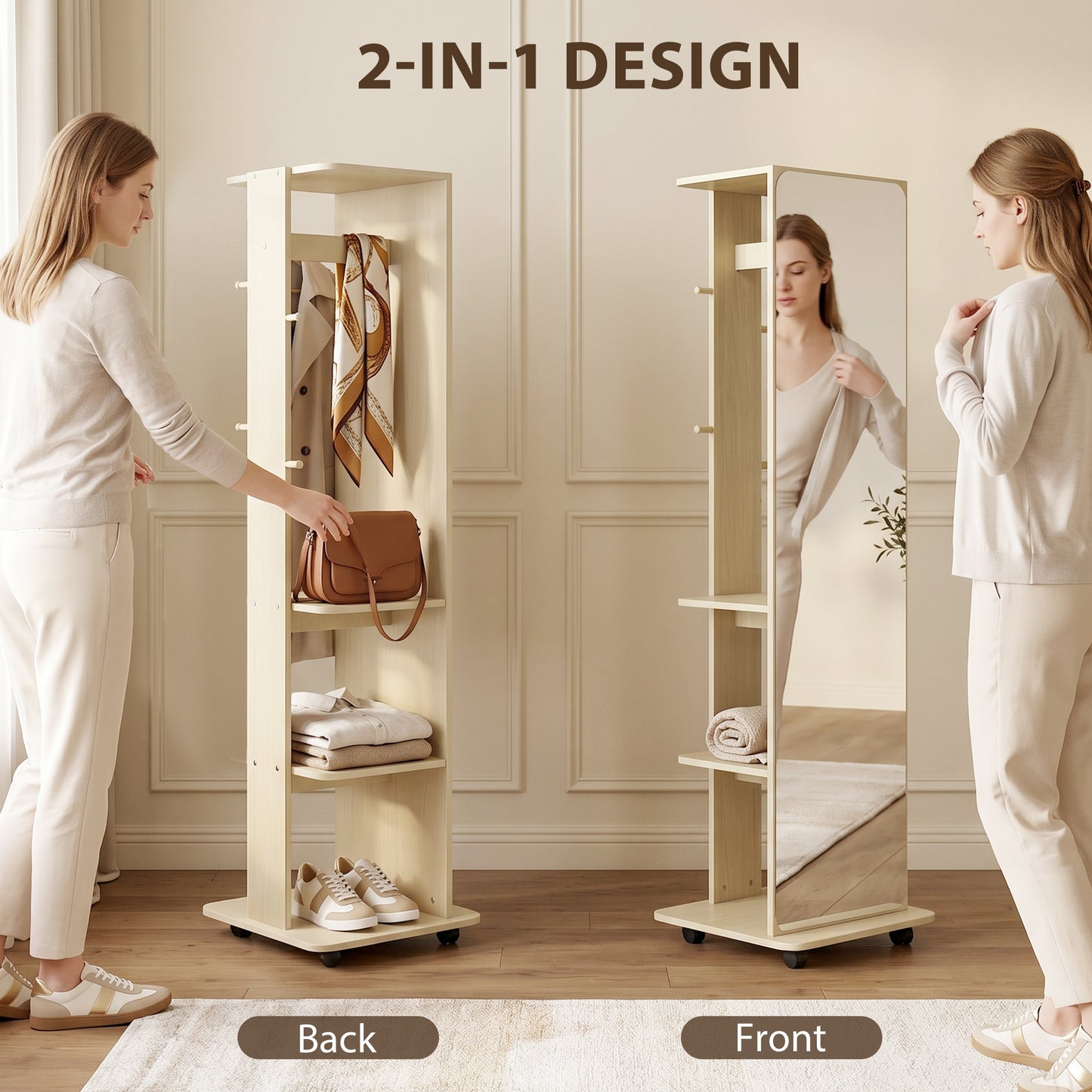 15" x 62" Full Length Mirror, Tempered Glass Floor Mirror on Wheels with Storage Shelves, Coat Hangers, Natural Wood