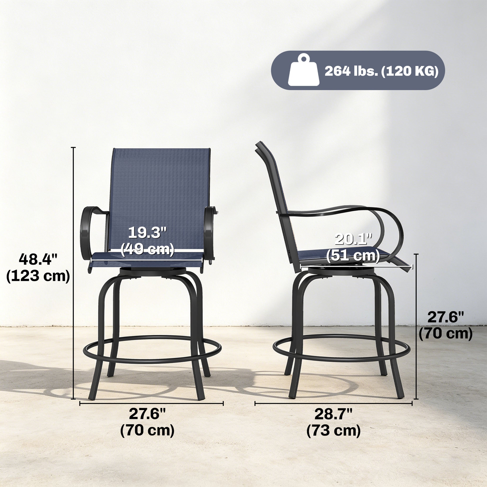 Outdoor Bar Stools Set of 2, 360° Swivel Bar Height Chairs, 26.8" x 29.5" x 48.4", Navy Blue