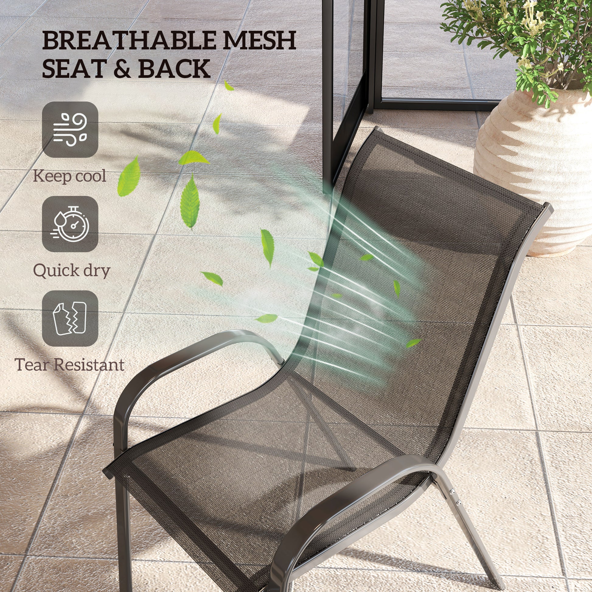 Set of 2 Outdoor Dining Chairs, Stackable Lawn Chairs with High Back, Breathable Mesh Seat for Garden Porch, Black