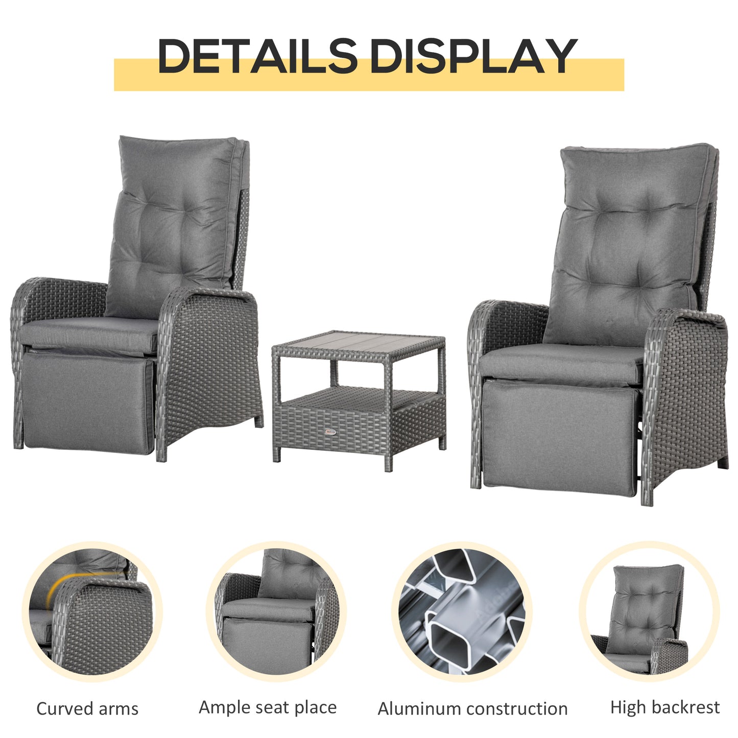 3 Pieces Patio Wicker Bistro Set, PE Rattan Coffee Table & Adjustable Recline Chairs Furniture Set with Cushions and Woo
