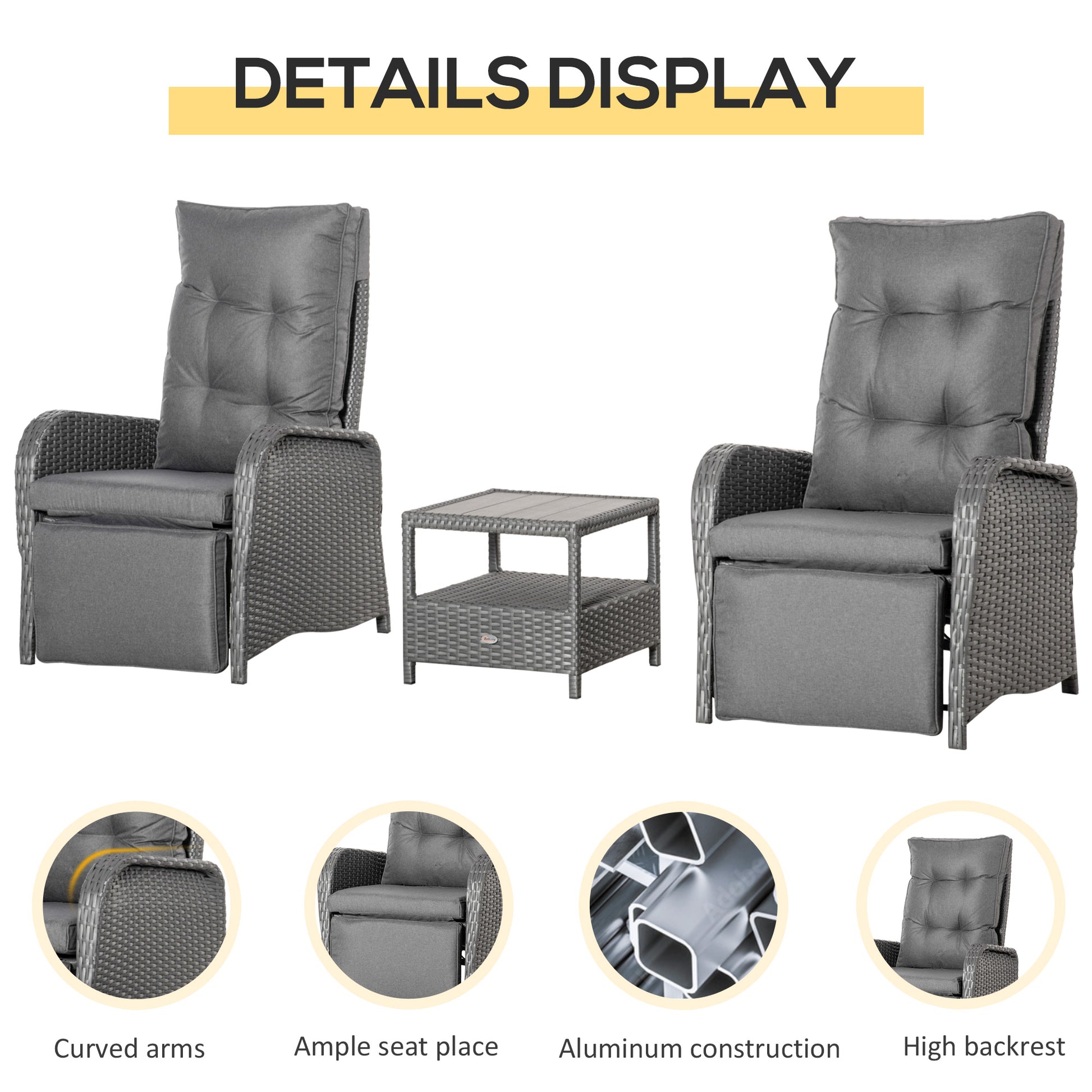 3 Pieces Patio Wicker Bistro Set, PE Rattan Coffee Table & Adjustable Recline Chairs Furniture Set with Cushions and Woo