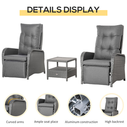 3 Pieces Patio Wicker Bistro Set, PE Rattan Coffee Table & Adjustable Recline Chairs Furniture Set with Cushions and Woo