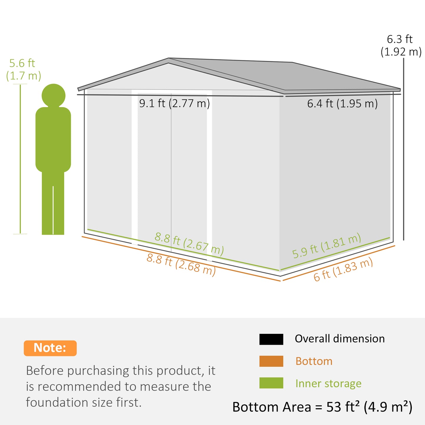 9.1'x6.4'x6.3' Garden Storage Shed w/ Foundation Kit Metal Tool Storage House w/ Double Doors Dark Grey