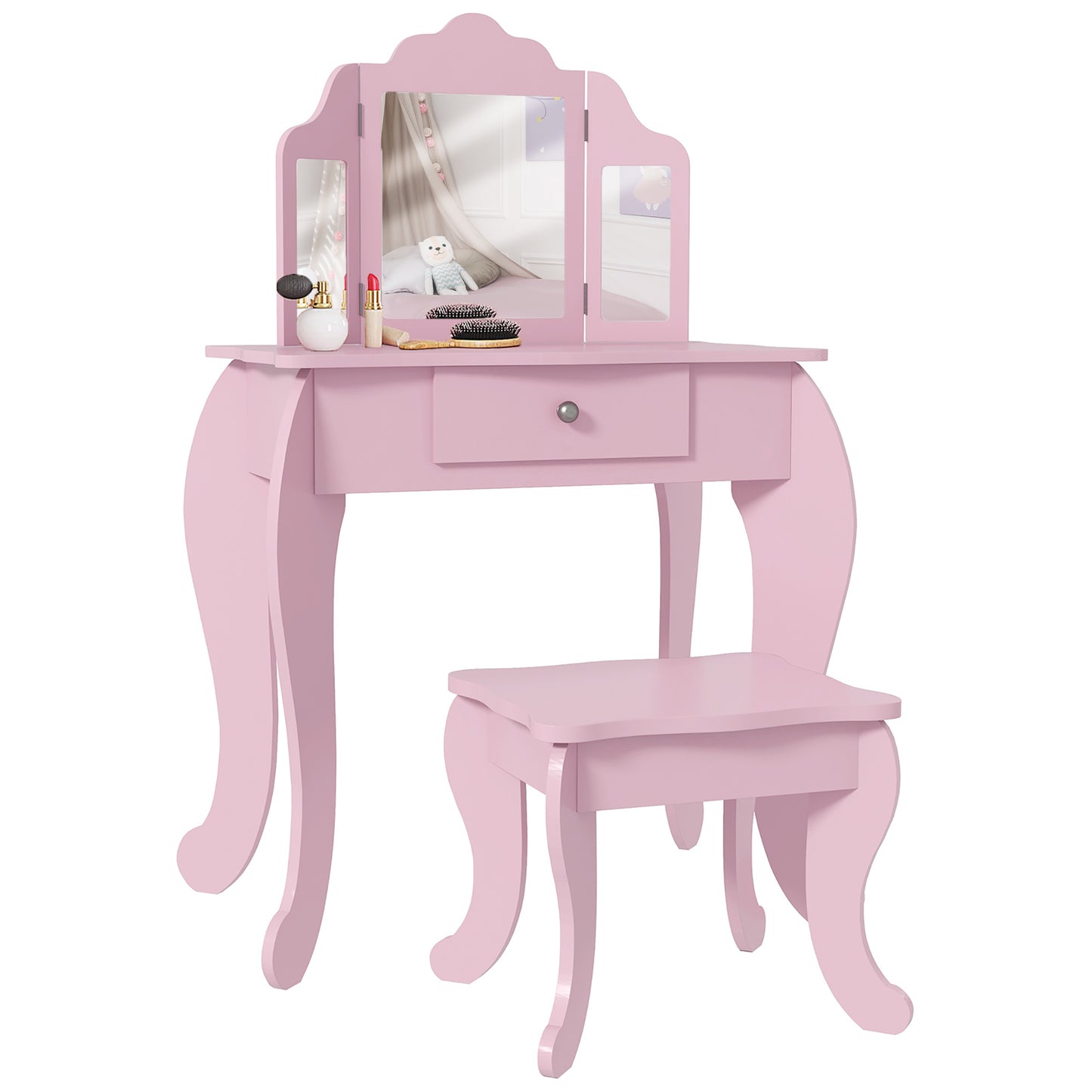 Qaba Kids Vanity Table and Stool, Makeup Vanity Girls Dressing Table Set with Tri-folding Mirrors Drawer Star and Heart 