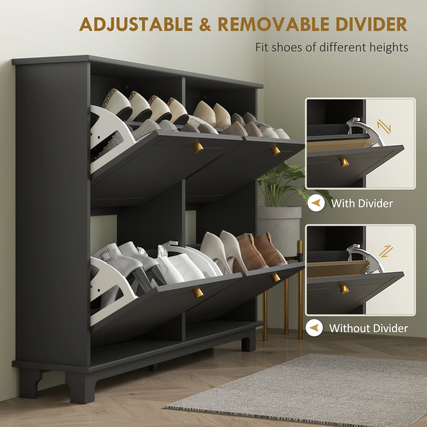 Modern Shoe Storage Cabinet, Narrow Shoe Cabinet with 4 Flip Drawers, Adjustable Shelves, 5 Legs for Entryway, Black