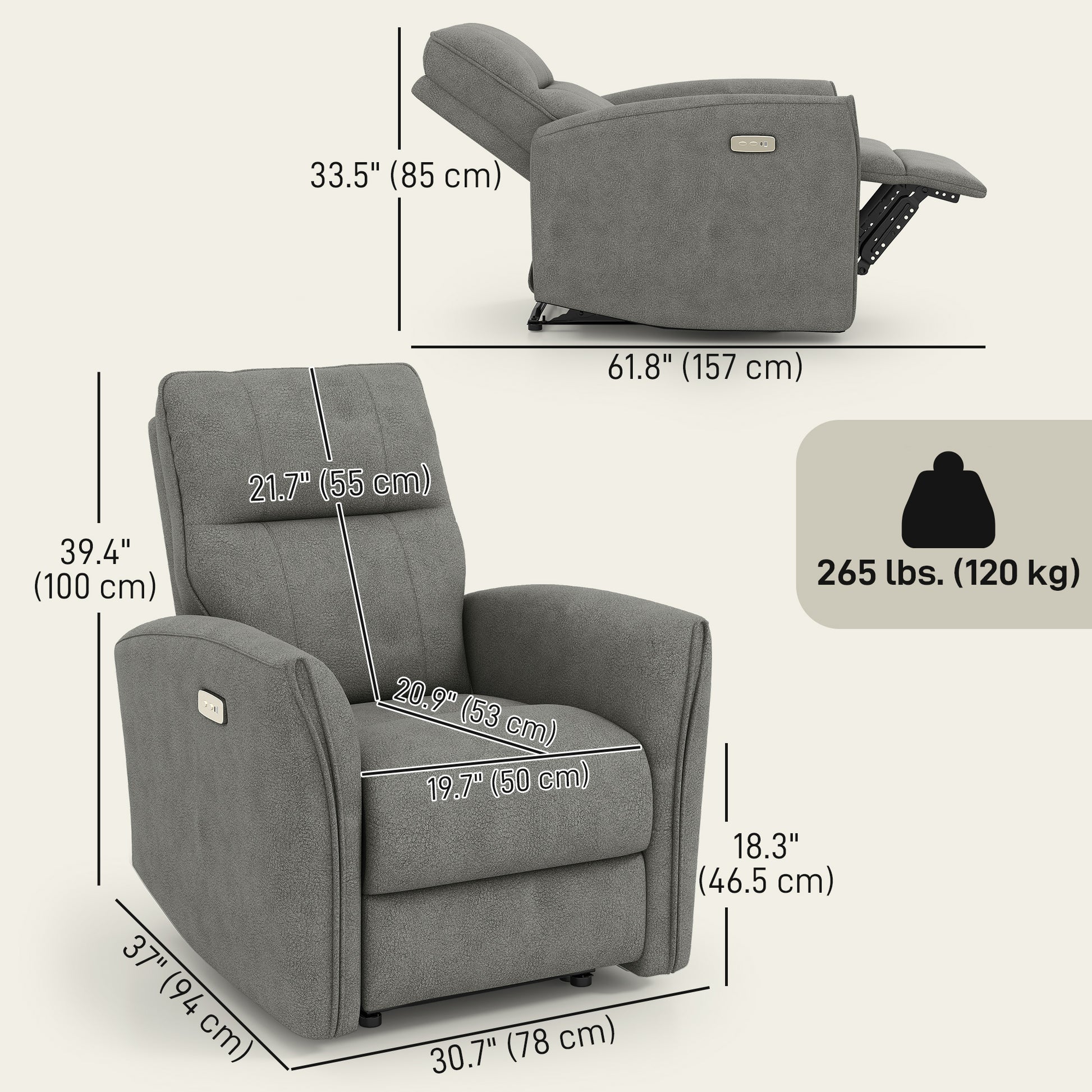 Power Recliner Chair, Dyed Fabric (Like Leathaire) Upholstered Recliner Chair with USB Ports, Footrest, Grey