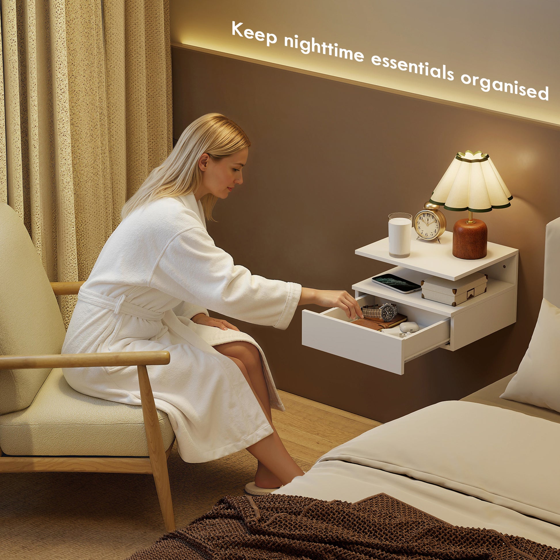 Floating Nightstand Set of 2, Wall Mounted Bedside Table with with Power Outlets, Drawer and Shelf, White