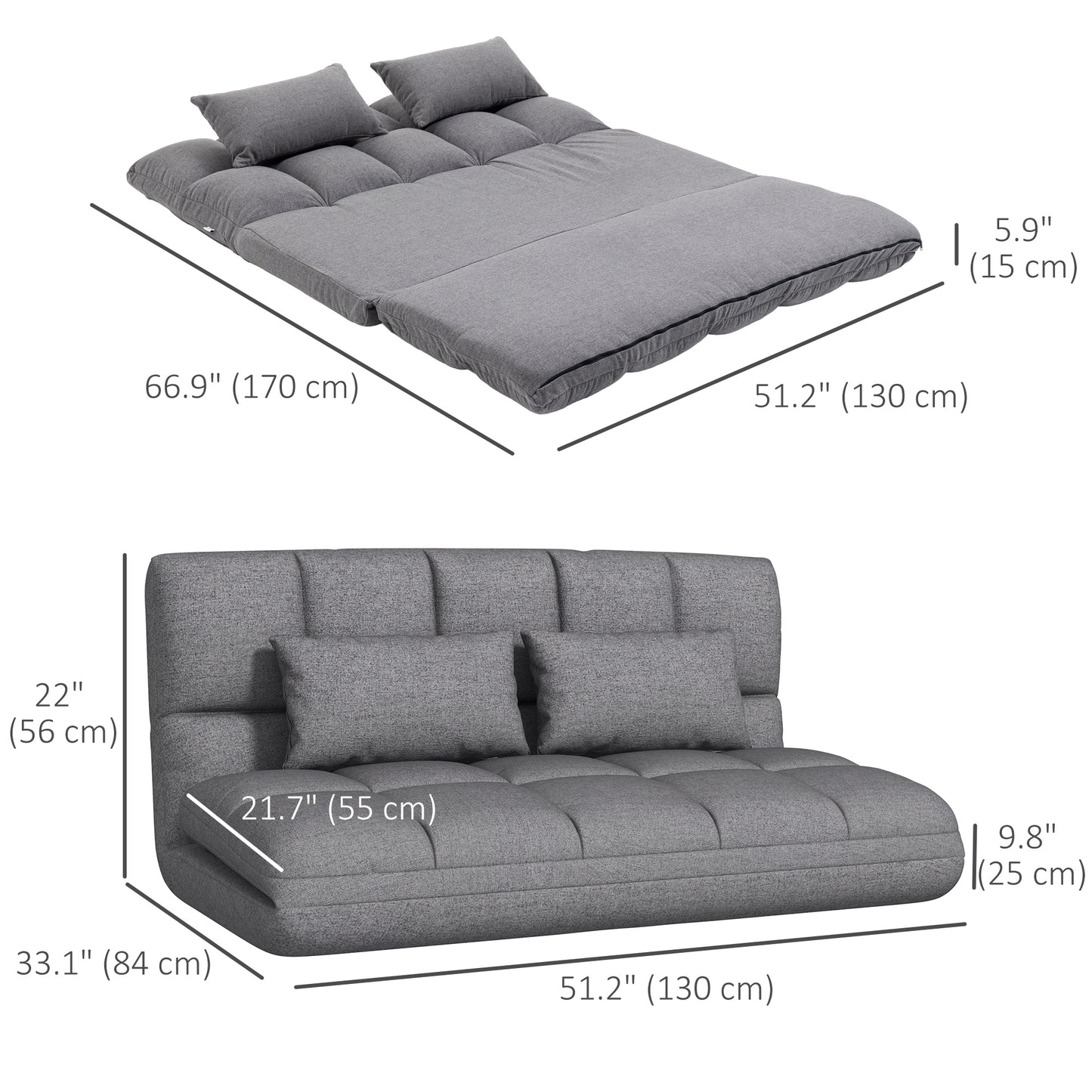 51" Folding Floor Sofa, Foldable 2-Seater Lazy Sofa Sleeper Bed, Adjustable Linen Floor Couch with 9-position Backrest, 