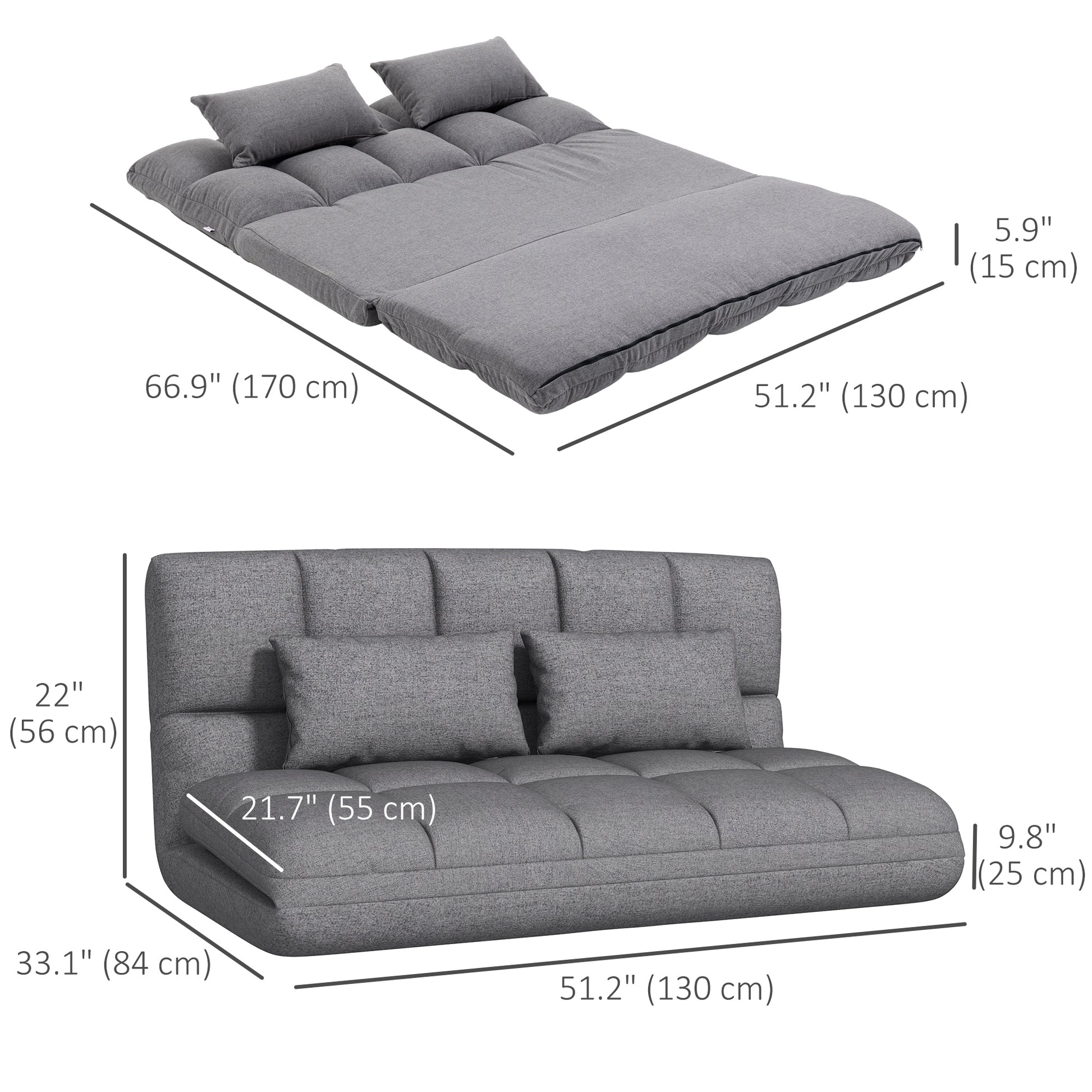 51" Folding Floor Sofa, Foldable 2-Seater Lazy Sofa Sleeper Bed, Adjustable Linen Floor Couch with 9-position Backrest, 