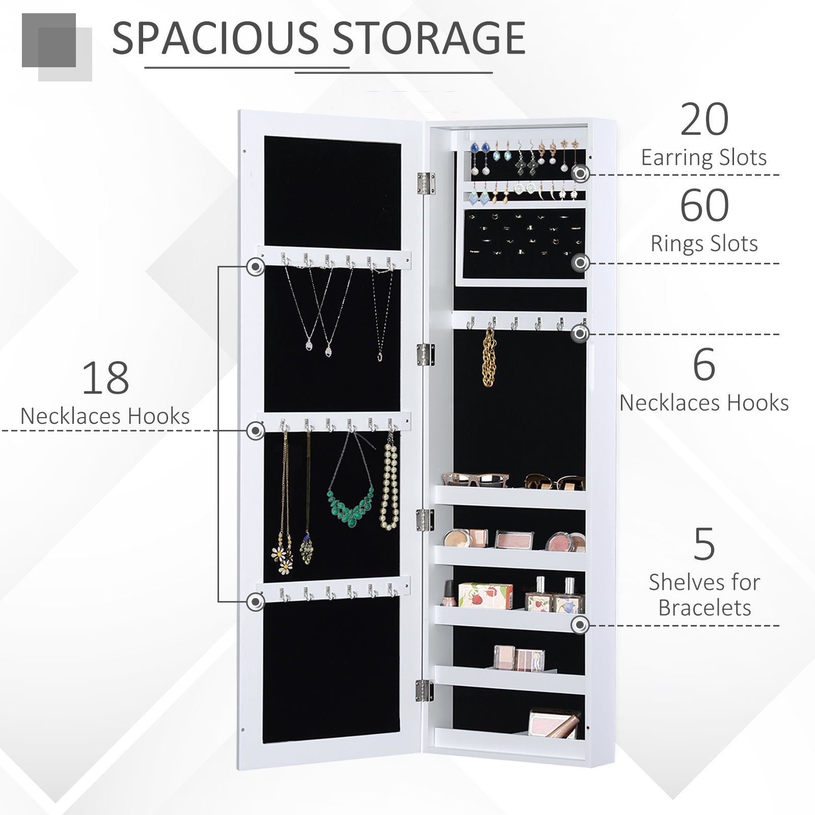Mirror Jewellery Cabinet Armoire with Full Length Mirror, Wall Mounted Jewellery Organizer, White