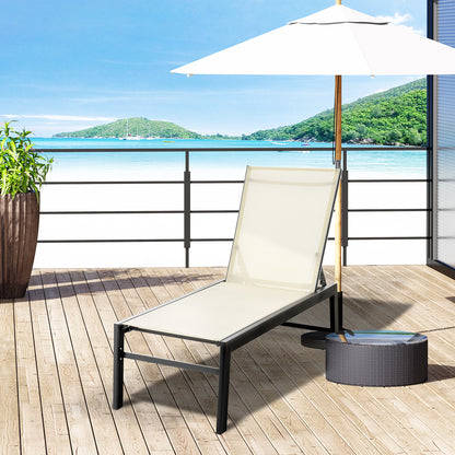 Outdoor Lounge Chair, Patio Lounger with 5-Position Reclining Backrest and 2 Wheels for Poolside, Beach, Lawn, Cream Whi