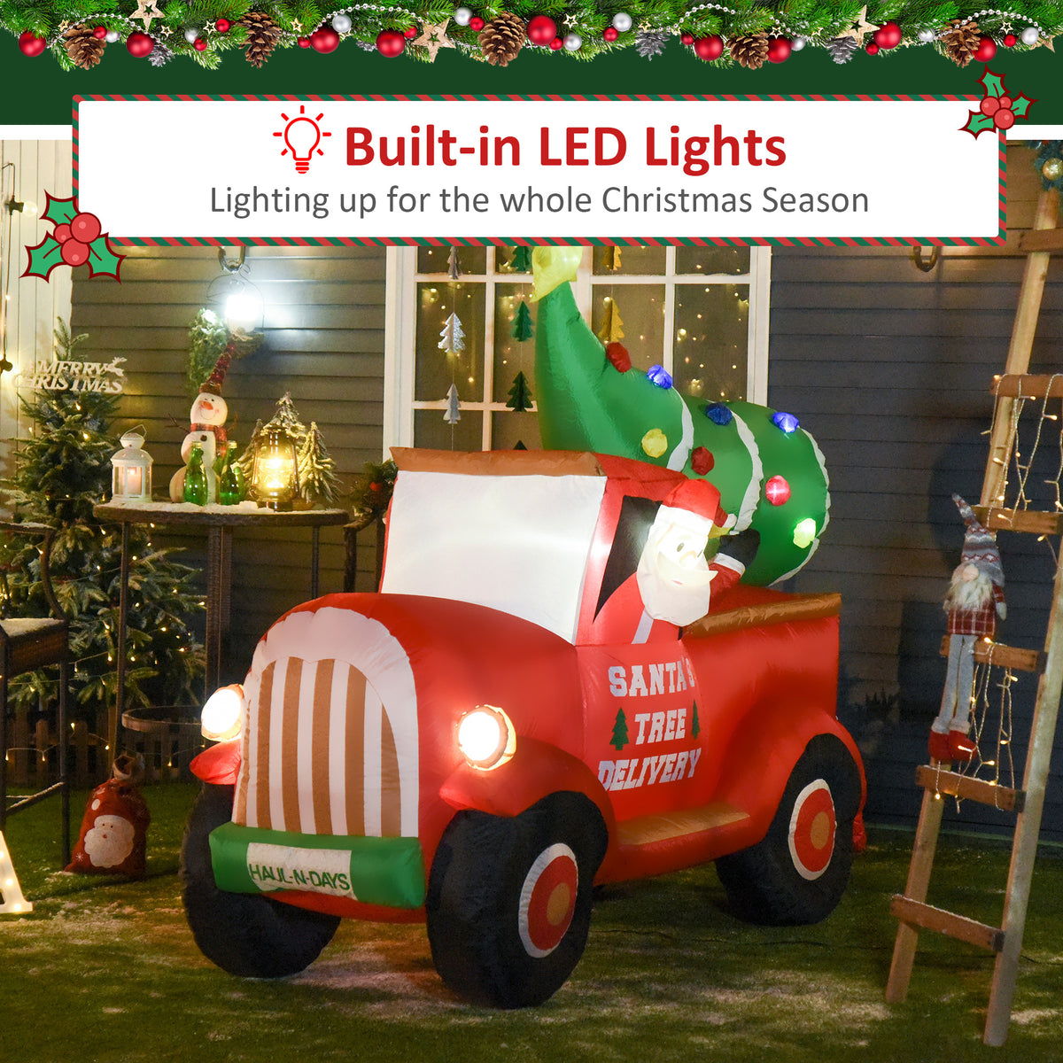 6ft Christmas Inflatable Santa Claus Driving A Truck with LED Lights, Blow-Up Outdoor LED Yard Display for Lawn, Garden,