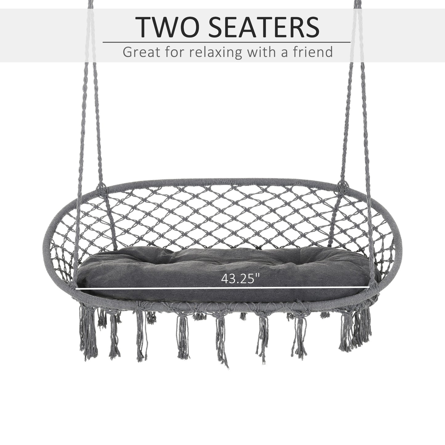 Patio Hammock Chair 2 Seat, Hanging Rope Hammock Swing Chair with Metal Frame and Cushion, Large Macrame Seat for Indoor