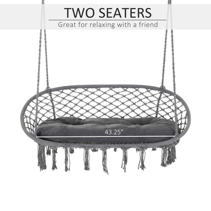 Patio Hammock Chair 2 Seat, Hanging Rope Hammock Swing Chair with Metal Frame and Cushion, Large Macrame Seat for Indoor