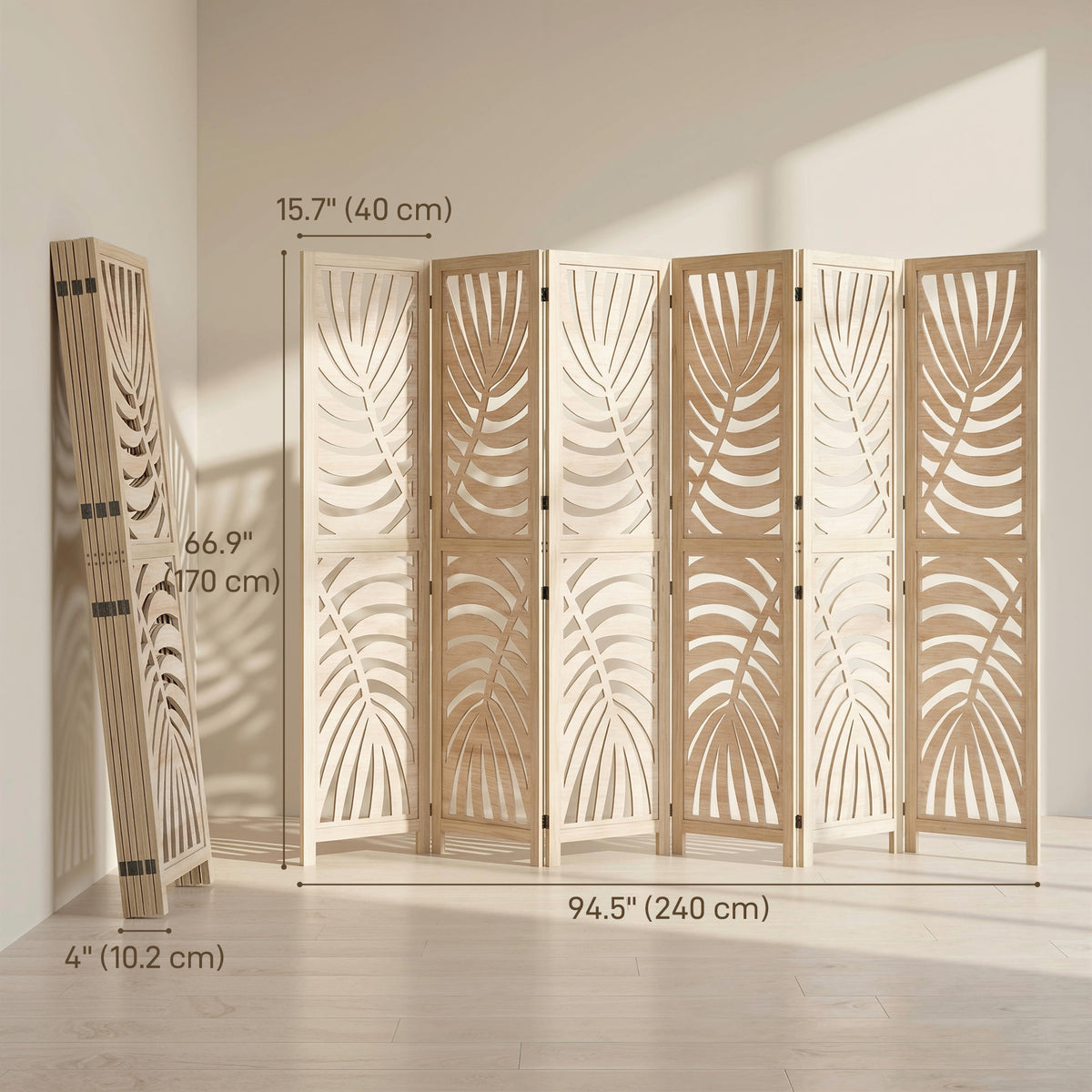 6 Panel Room Divider, Detachable Folding Privacy Screens with Palm Leaf Design for Home Office, Natural Wood