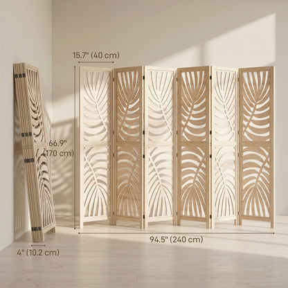 6 Panel Room Divider, Detachable Folding Privacy Screens with Palm Leaf Design for Home Office, Natural Wood