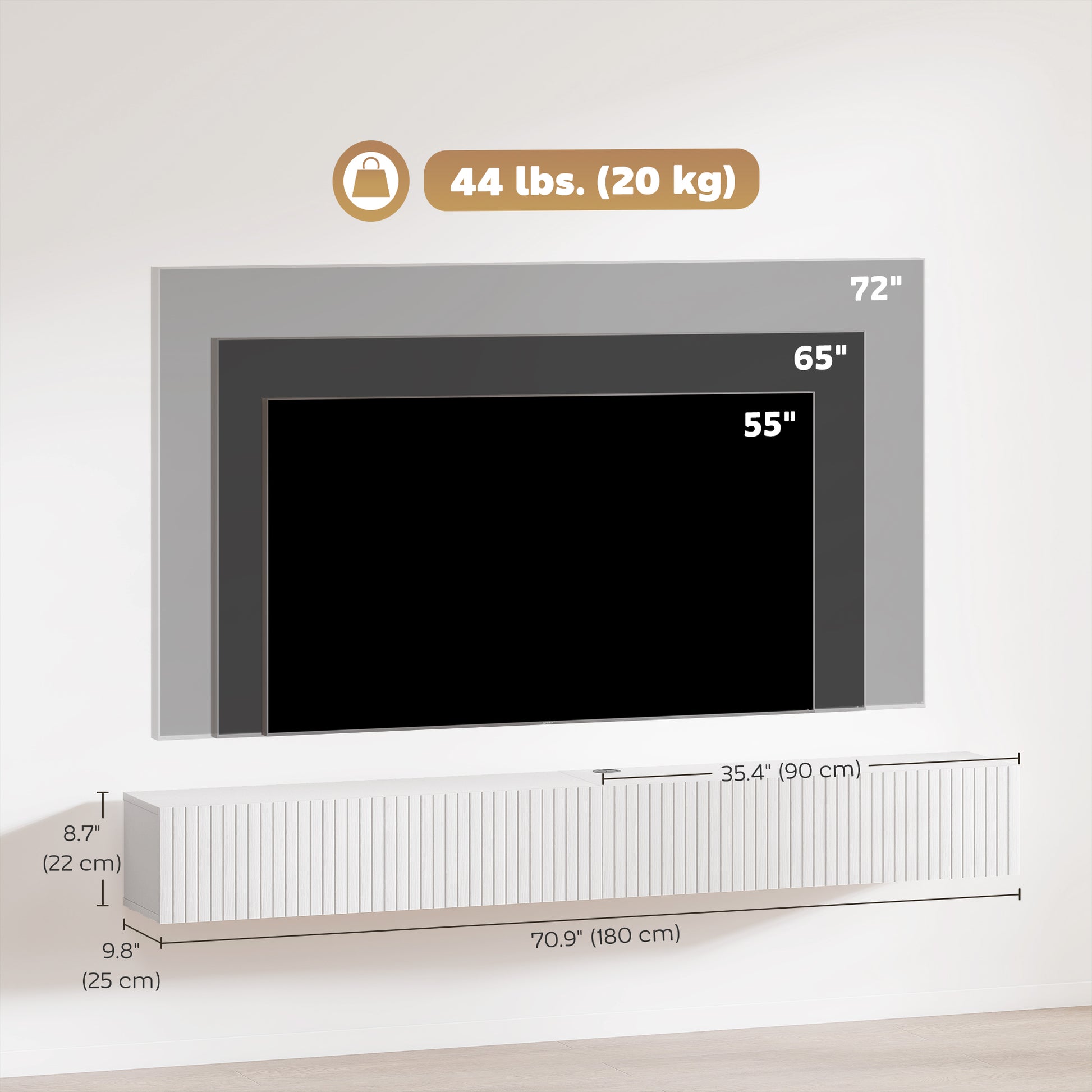 71" Floating TV Stand for TVs up to 72 Inch, Wall Mount Media Console with 2 Fluted Flip-Down Doors, Cable Hole, White