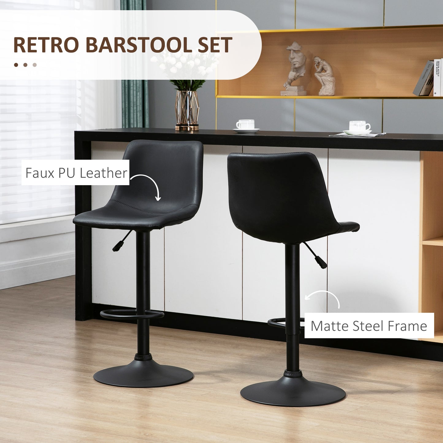 Adjustable Counter Height Bar Stools Set of 2, 360° Swivel Kitchen Counter Stools Dining Chairs with Backs, Vintage Leat