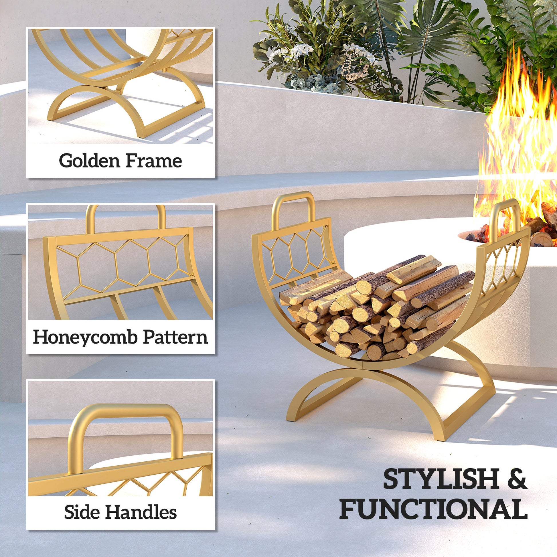 Firewood Rack Outdoor, Heavy Duty Log Holder with Handles for Indoor Outdoor Fireplace Storage 18" x 14" x 16", Gold