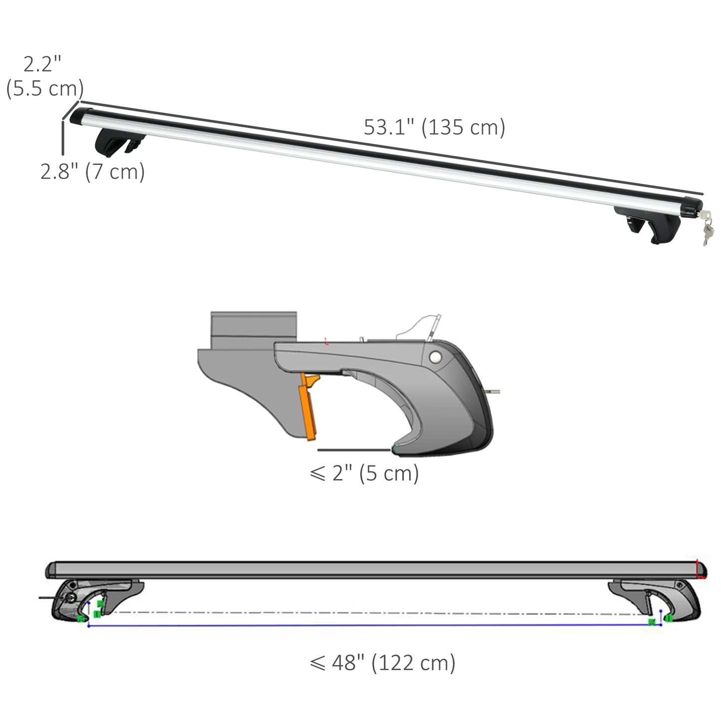 2pc Roof Rack Car Roof Top Lockable Aluminum Cross Bars Adjustable Baggage Luggage Carrier, Silver (53")