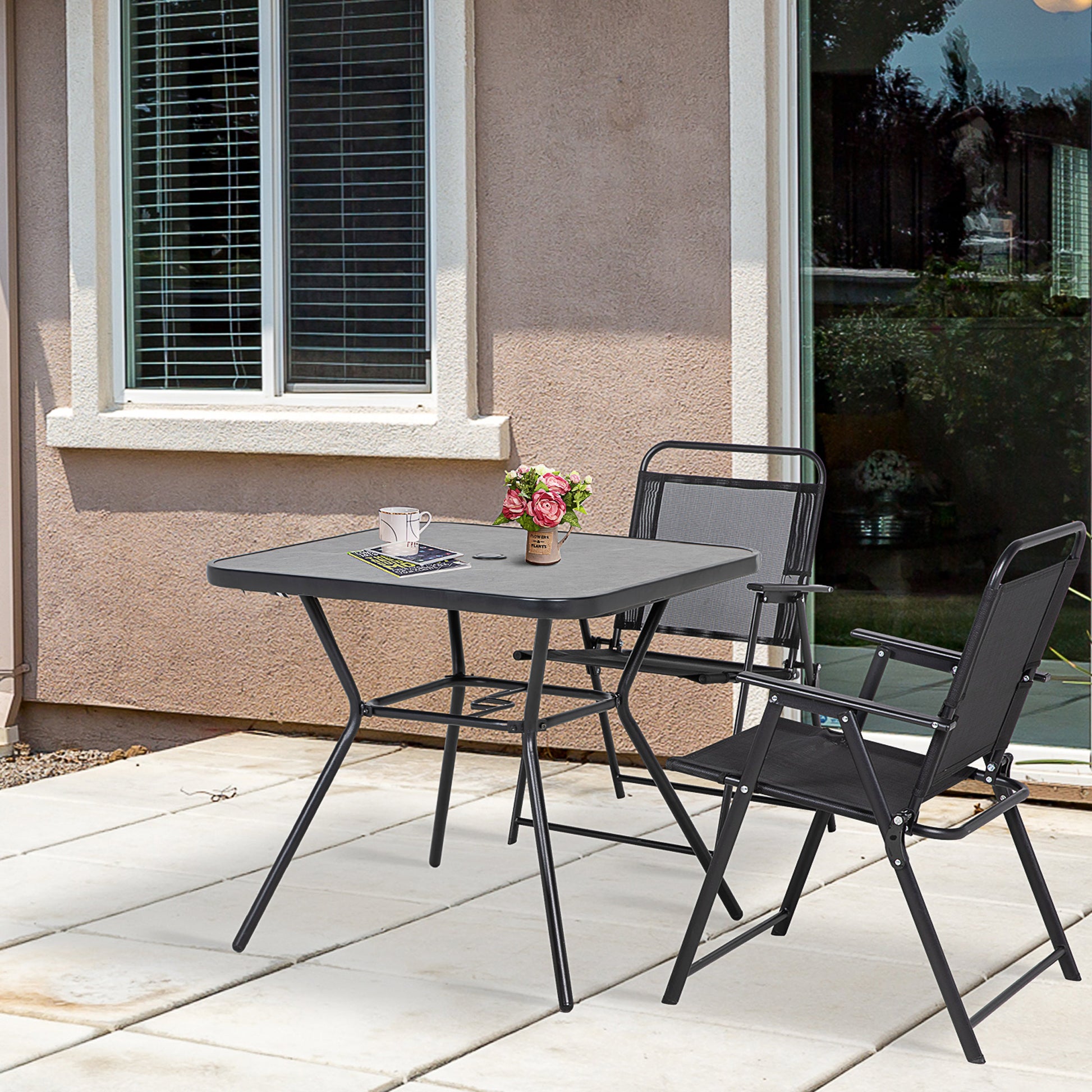 Square Outdoor Table, Patio Bistro Coffee Table with Faux-marbled Top and 42mm Umbrella Hole for Garden, Dark Grey