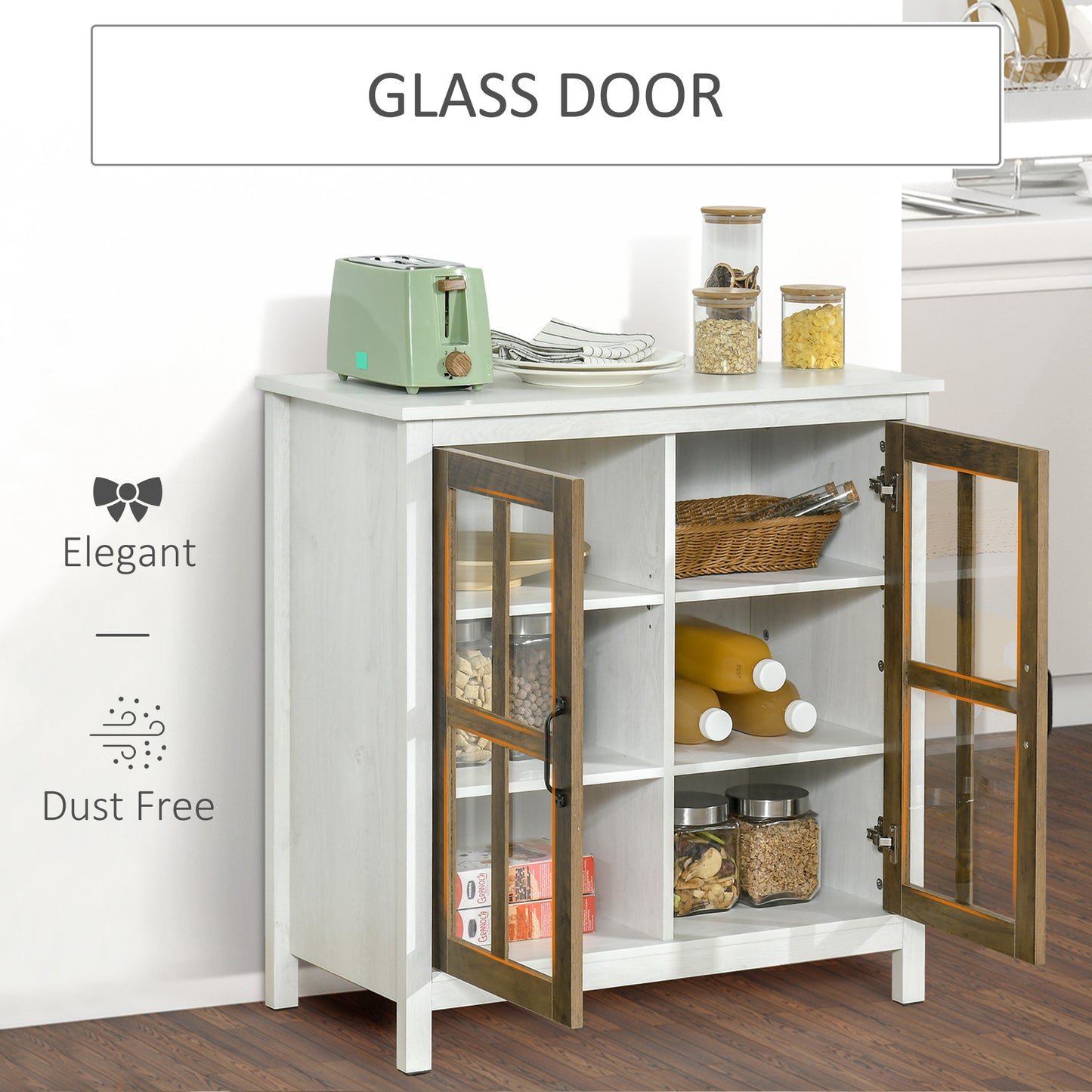 Kitchen Sideboard, Glass Door Buffet Cabinet, Accent Storage Cabinet with 2 Glass Doors and Adjustable Shelf for Dining 