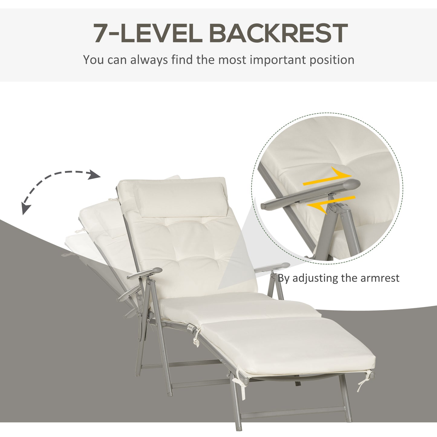 Lounge Chair Outdoor, Folding Patio Chaise Lounger, 360 lbs 7-Position Adjustable Back Outdoor Recliner with Cushion, He