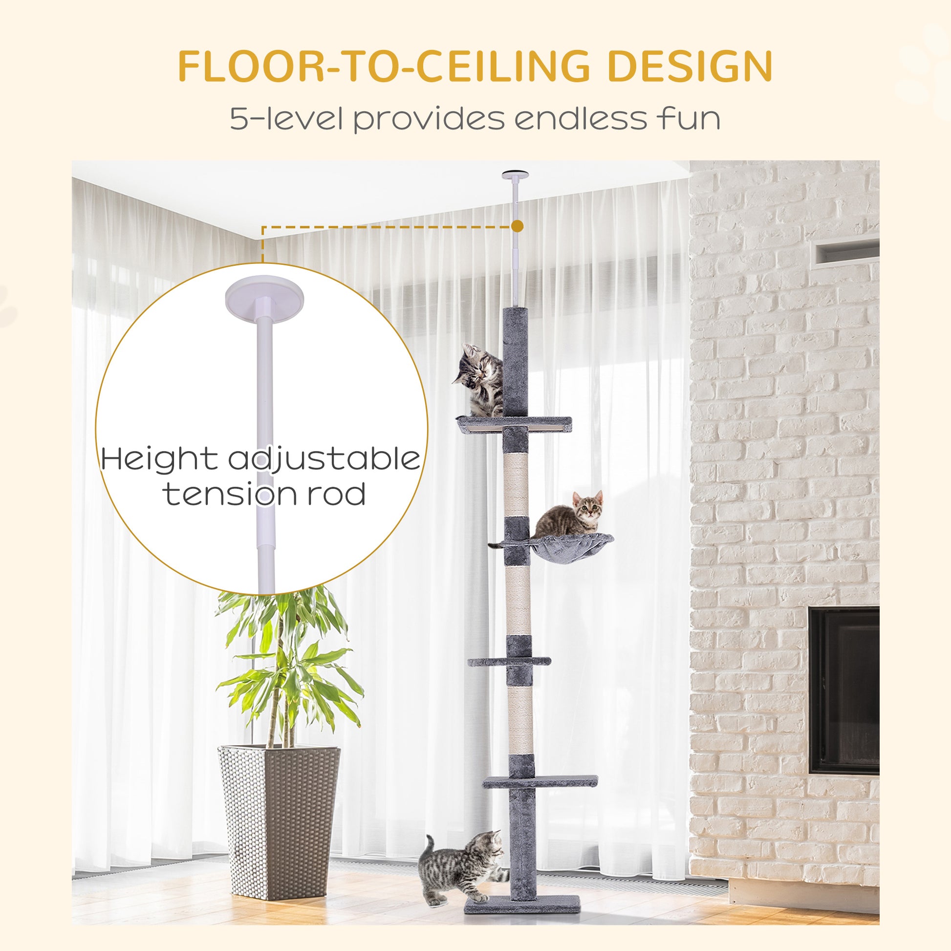 8.5ft Cat Climbing Tree 5-Tier Cat Activity Center Floor-to-Ceiling Cat Climber Toy with Scratching Post Play Rest Post 