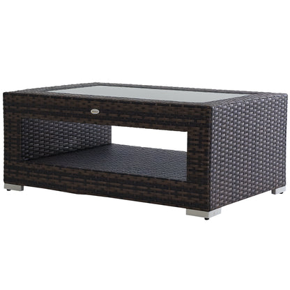 2-Tier Rattan Patio Coffee Table Wicker Patio Tea End Desk with Tempered Glass Top & Storage for Balcony, Backyard, Pool