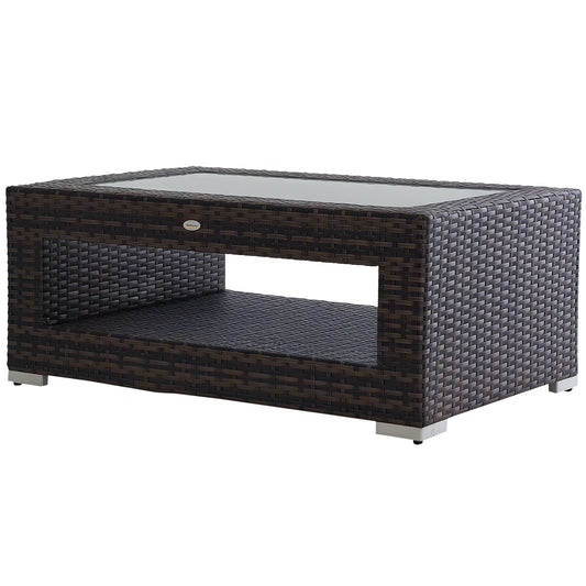 2-Tier Rattan Patio Coffee Table Wicker Patio Tea End Desk with Tempered Glass Top & Storage for Balcony, Backyard, Pool