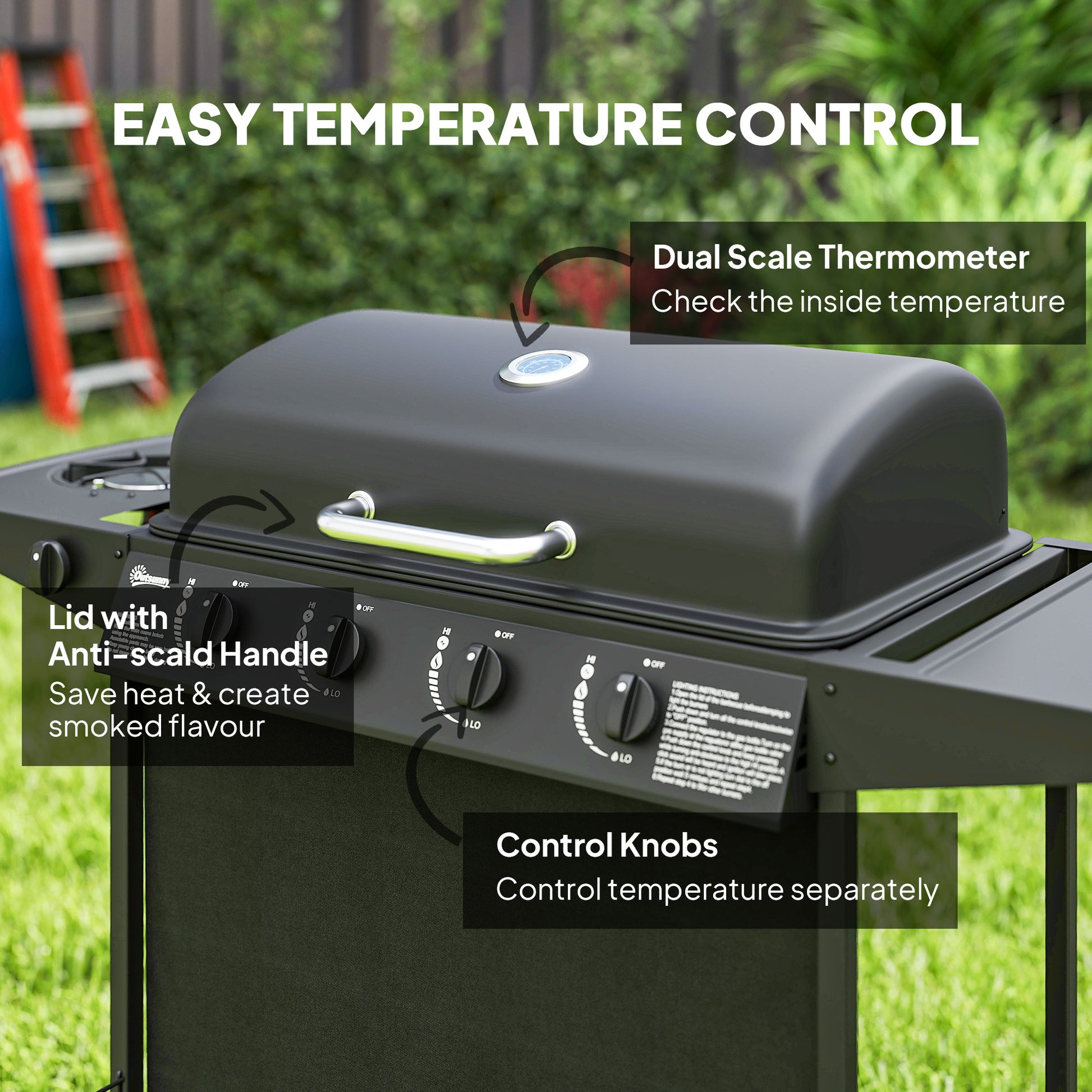 4+1 Burner Propane Gas BBQ Grill, Portable Gas Barbecue Grill with Side Burner, Thermometer, Lid, Side Table, Shelf, Spi