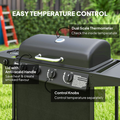 4+1 Burner Propane Gas BBQ Grill, Portable Gas Barbecue Grill with Side Burner, Thermometer, Lid, Side Table, Shelf, Spi