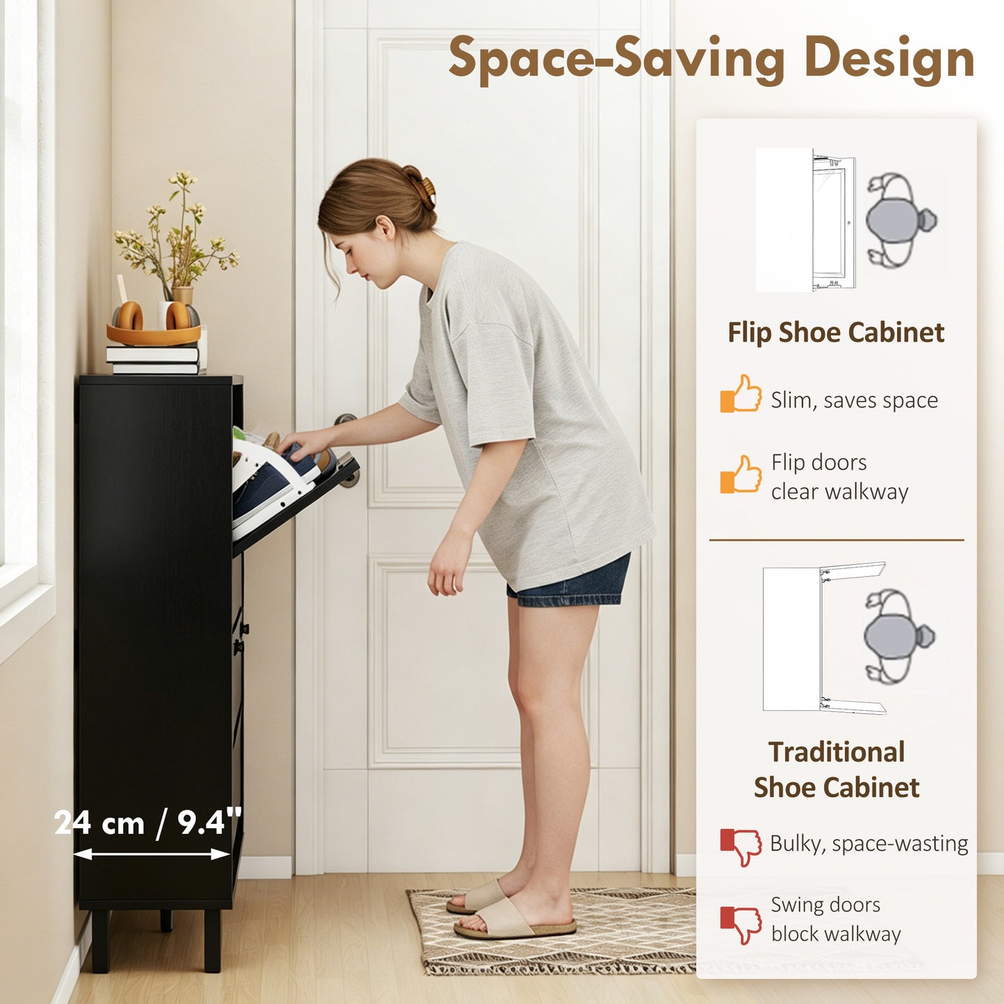 Shoe Cabinet with 4 Flip Drawers, Freestanding Narrow Shoe Storage Cabinet with Adjustable Shelves, Open Back, Black