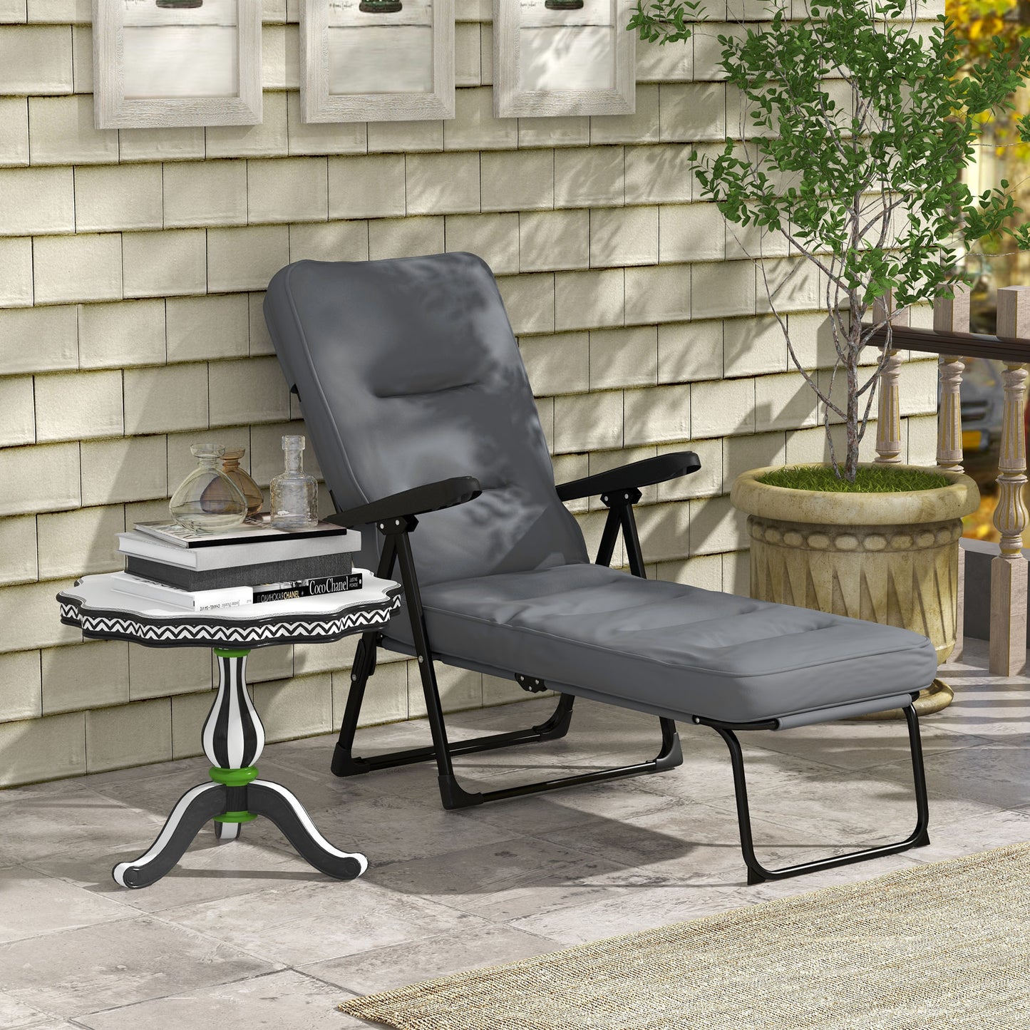 Outdoor Lounge Chair with Padded Cushion, Folding Reclining Patio Garden Chair with Recline Back, Footrest, for Poolside