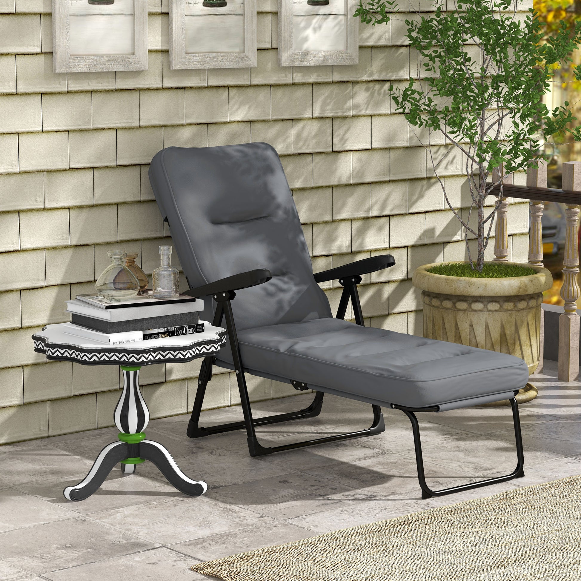 Outdoor Lounge Chair with Padded Cushion, Folding Reclining Patio Garden Chair with Recline Back, Footrest, for Poolside