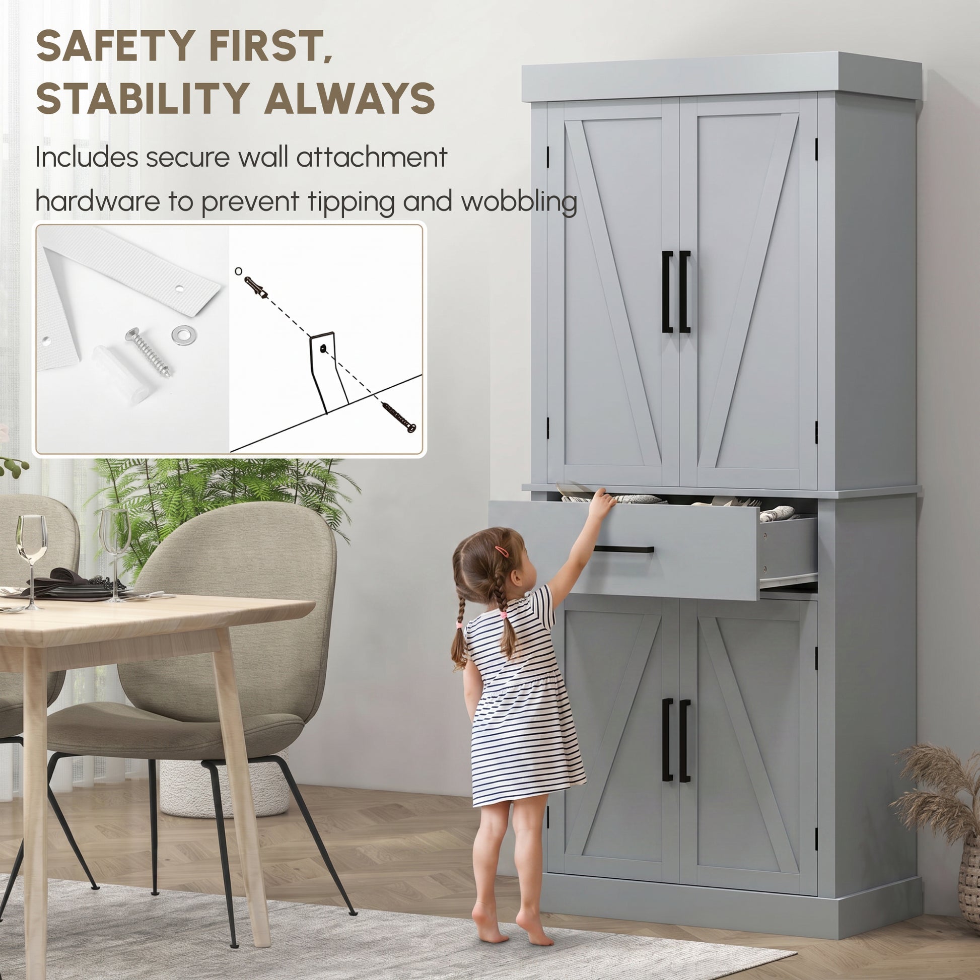 72" Farmhouse Kitchen Cabinet, Kitchen Pantry Cabinet with 4 Barn Doors, Drawer, Adjustable Shelves, Grey