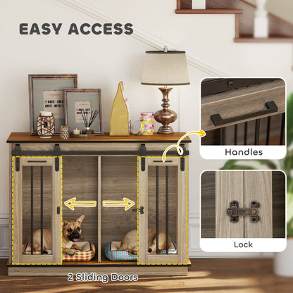 47in Dog Crate Furniture with Divider Panel, Wooden Dog Kennel TV Stand for Large Dogs, Pet House Side Table for 2 Small