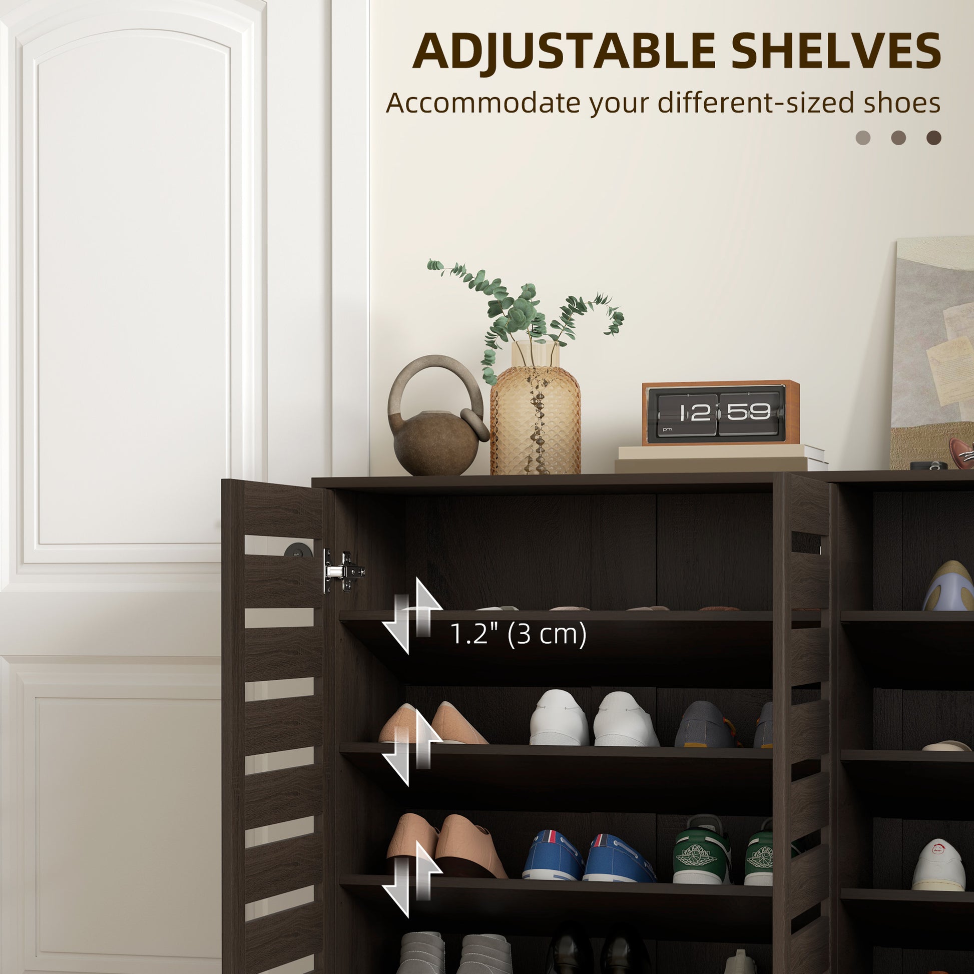 Narrow Shoe Cabinet with Slatted Doors, Adjustable Shelves for 20 Pairs of Shoes, Shoe Cabinet for Entryway, Dark Brown