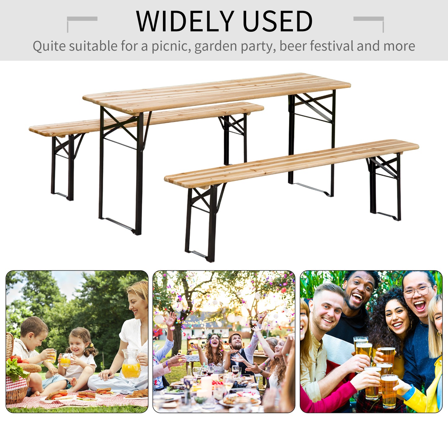 3 Pieces Folding Picnic Table Set, Portable Folding Picnic Table and Benches with Steel Frame for Garden, Park, Natural 